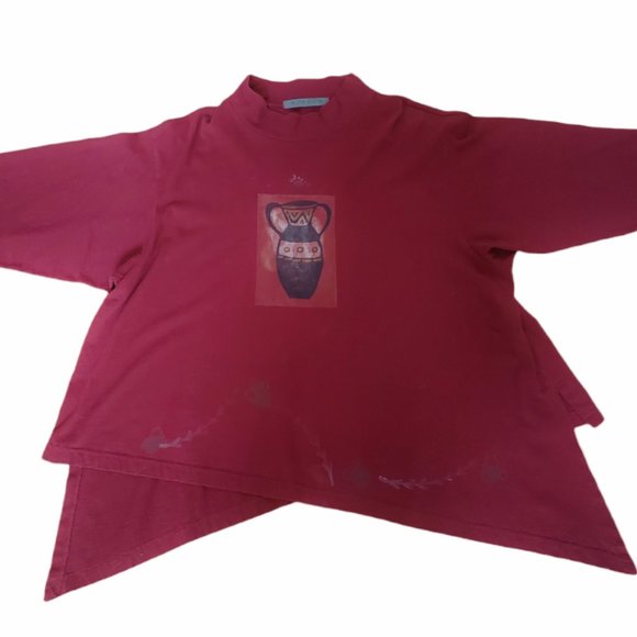 BLUE FISH Red Lagenlook Tunic - Rare Asymmetrical / Hand Printed - Picture 1 of 13